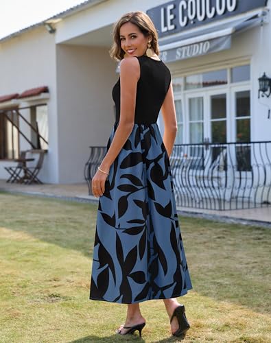 Zattcas Spring Summer Dresses for Women 2026 Sleeveless Ribbed Tank Top Patchwork A Line Flowy Modest Teacher Church Business Casual Work Long Maxi Dress with Pockets Black Blue L - Image 4