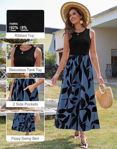 Zattcas Spring Summer Dresses for Women 2026 Sleeveless Ribbed Tank Top Patchwork A Line Flowy Modest Teacher Church Business Casual Work Long Maxi Dress with Pockets Black Blue L - Image 5