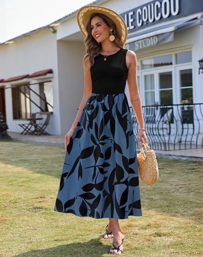 Zattcas Spring Summer Dresses for Women 2026 Sleeveless Ribbed Tank Top Patchwork A Line Flowy Modest Teacher Church Business Casual Work Long Maxi Dress with Pockets Black Blue L - Image 2