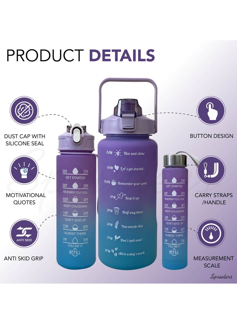 Sprinters - Large 2 Liters 64Oz Bpa Free Multicolor Water Bottle - Leak Proof With Straw, Motivational Quote And Time Marker, Anti Slip For Sports,Fitness, Gym (Purple/Blue Pack Of 3) - Image 2