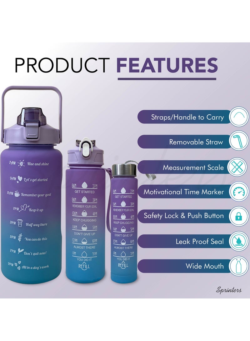 Sprinters - Large 2 Liters 64Oz Bpa Free Multicolor Water Bottle - Leak Proof With Straw, Motivational Quote And Time Marker, Anti Slip For Sports,Fitness, Gym (Purple/Blue Pack Of 3) - Image 3