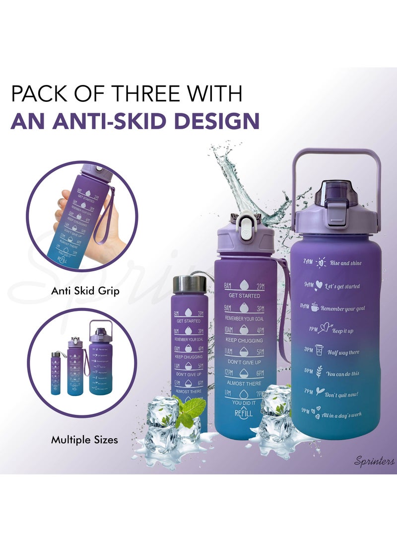 Sprinters - Large 2 Liters 64Oz Bpa Free Multicolor Water Bottle - Leak Proof With Straw, Motivational Quote And Time Marker, Anti Slip For Sports,Fitness, Gym (Purple/Blue Pack Of 3) - Image 5