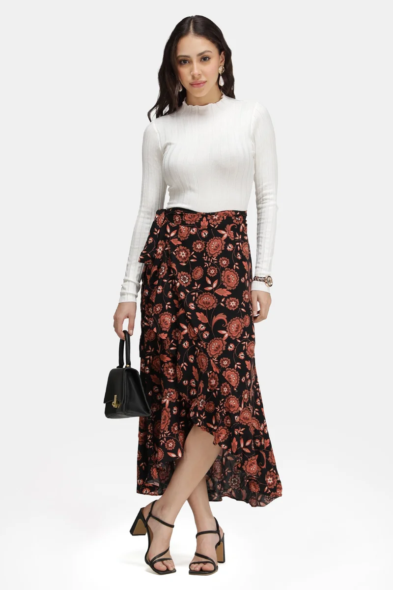 Virgio Floral Viscose Wrap Skirt With Asymmetric Hem for Women