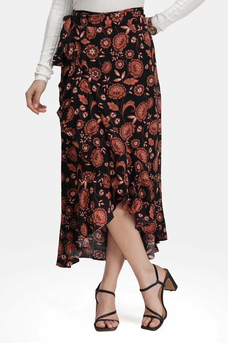 Virgio Floral Viscose Wrap Skirt With Asymmetric Hem for Women