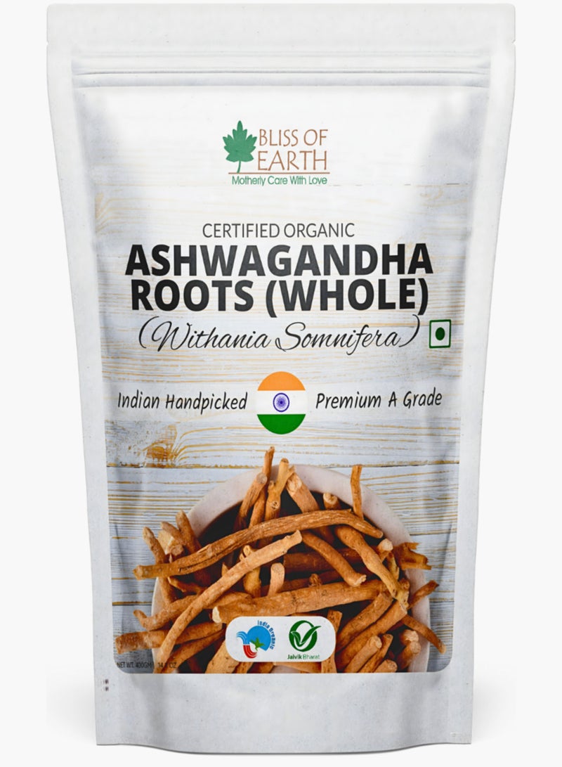 BLISS OF EARTH Certified Organic Ashwagandha Roots Whole 100 g | Premium Withania Somnifera Indian Ginseng • Natural Adaptogen for Stress Relief & Immunity - Image 1