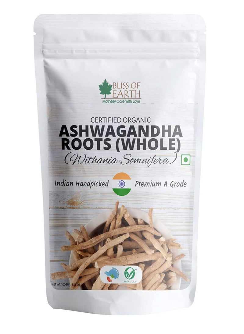 BLISS OF EARTH Certified Organic Ashwagandha Roots Whole, Withania Somnifera Premium Grade Help Boost Immunity Stress Relief 100gm  - Image 1