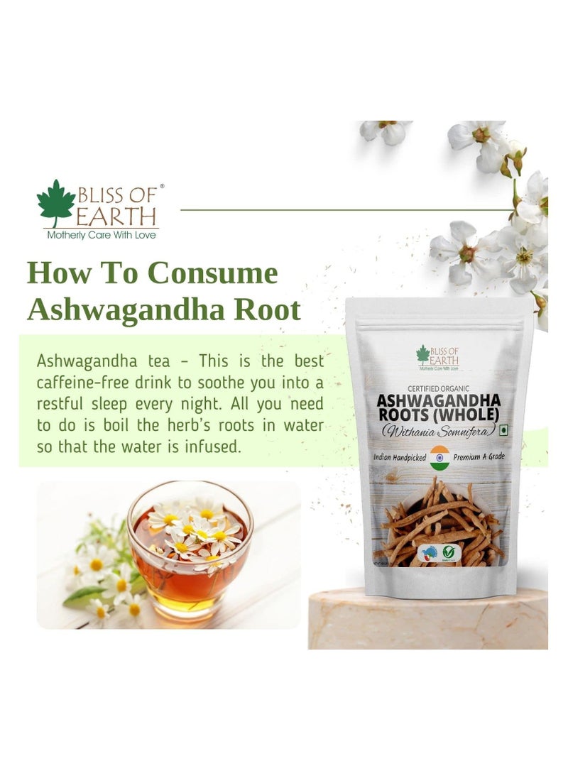BLISS OF EARTH Certified Organic Ashwagandha Roots Whole, Withania Somnifera Premium Grade Help Boost Immunity Stress Relief 100gm  - Image 3