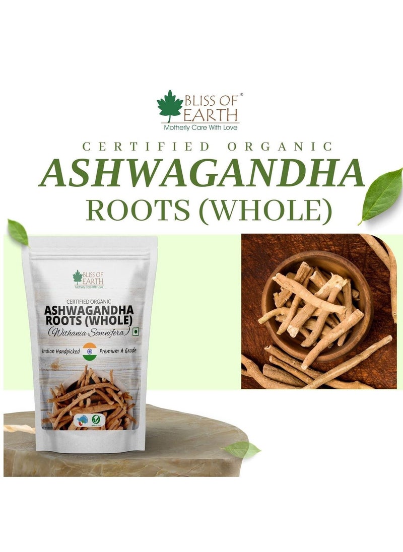 BLISS OF EARTH Certified Organic Ashwagandha Roots Whole, Withania Somnifera Premium Grade Help Boost Immunity Stress Relief 100gm  - Image 2