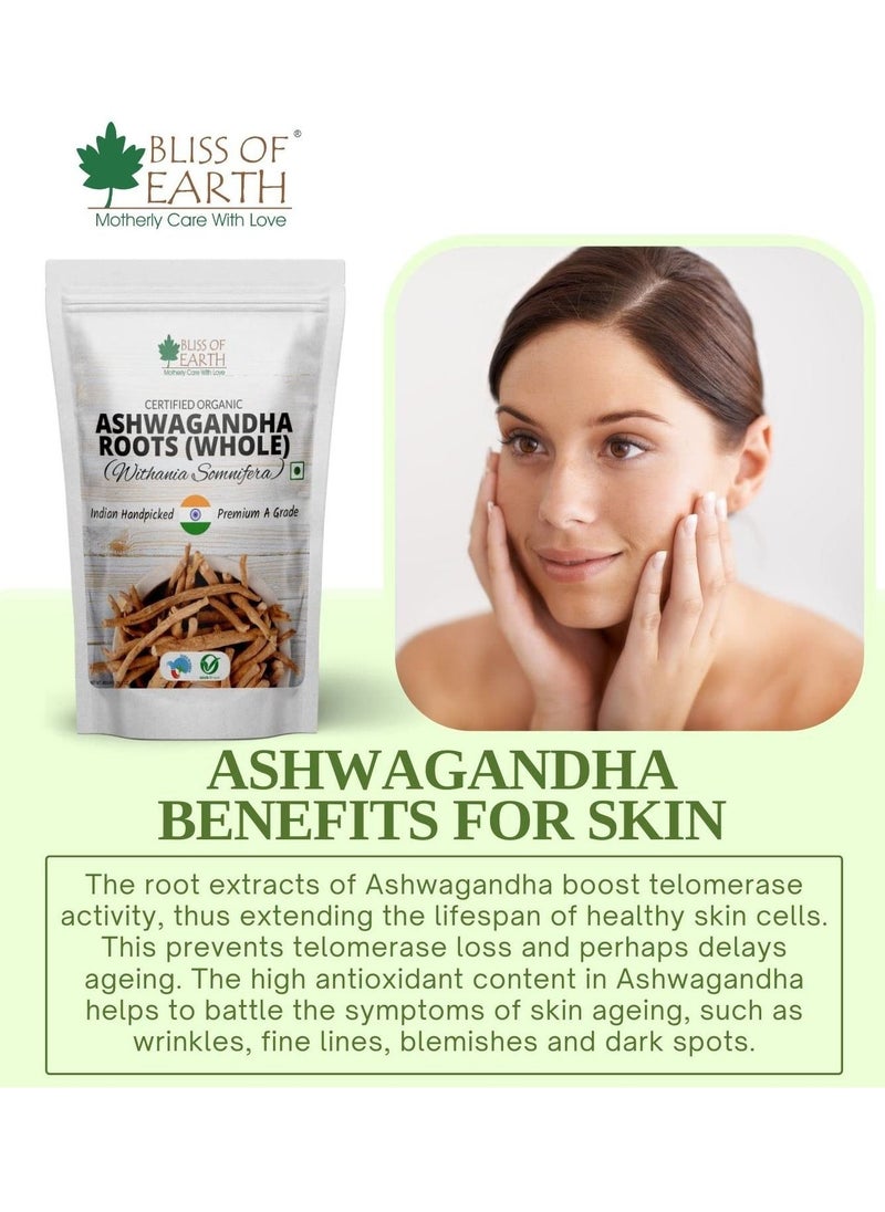 BLISS OF EARTH Certified Organic Ashwagandha Roots Whole, Withania Somnifera Premium Grade Help Boost Immunity Stress Relief 100gm  - Image 5
