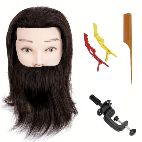 Yiifiulyn Mannequin Head Human Hair Cosmetology Students Training Doll Head for Hair Styling Barber Mannequin Head Male for Practice Hair Cutting or Trim Beard - Image 3