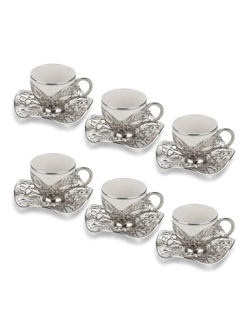 Acar Luxury Turkish Coffee Set of 6 Cups with Holders and Saucers in Elegant Ottoman Style in Silver – Made in Turkey - Image 3