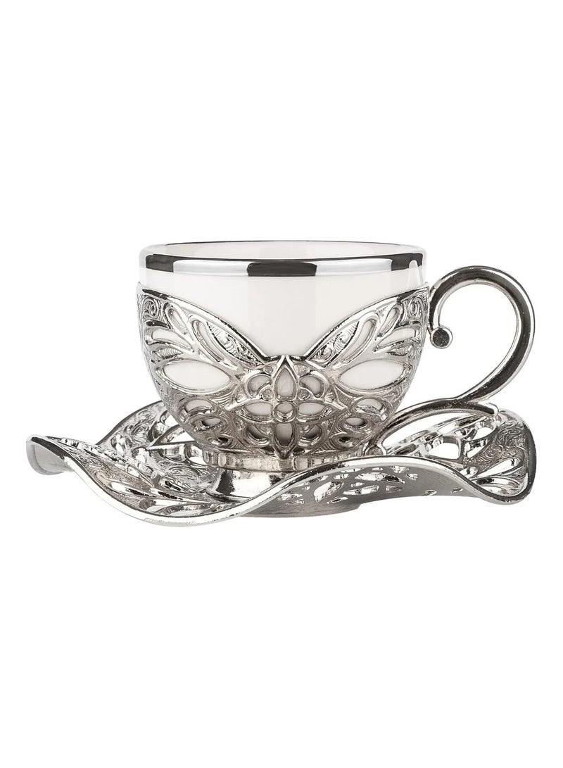 Acar Luxury Turkish Coffee Set of 6 Cups with Holders and Saucers in Elegant Ottoman Style in Silver – Made in Turkey - Image 2