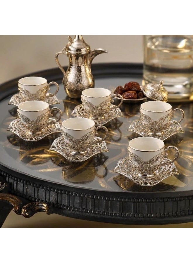 Dodoliza Saudi tea and coffee set of 6 Cups with Holders and Saucers in Elegant Ottoman Style in Silver – Made in Turkey - Image 1