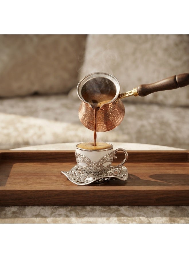 Dodoliza Saudi tea and coffee set of 6 Cups with Holders and Saucers in Elegant Ottoman Style in Silver – Made in Turkey - Image 3