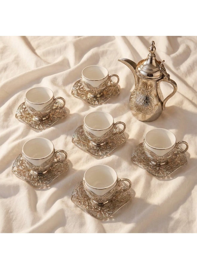 Dodoliza Saudi tea and coffee set of 6 Cups with Holders and Saucers in Elegant Ottoman Style in Silver – Made in Turkey - Image 4