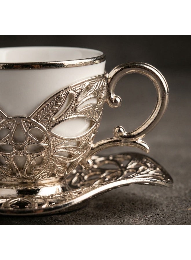 Dodoliza Saudi tea and coffee set of 6 Cups with Holders and Saucers in Elegant Ottoman Style in Silver – Made in Turkey - Image 5