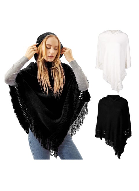 2 Pcs Poncho Sweaters For Women, Knitted Featuring A Hooded Cape With Fringed Hem And Crochet Pullover With Knit Pattern, Perfect For Autumn And Winter