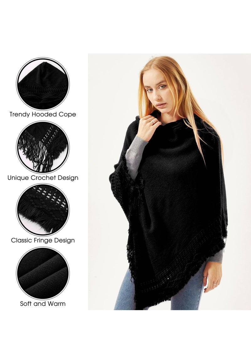 SYOSI - 2 Pcs Poncho Sweaters For Women, Knitted Featuring A Hooded Cape With Fringed Hem And Crochet Pullover With Knit Pattern, Perfect For Autumn And Winter - Image 1