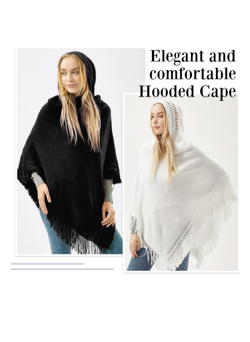 SYOSI - 2 Pcs Poncho Sweaters For Women, Knitted Featuring A Hooded Cape With Fringed Hem And Crochet Pullover With Knit Pattern, Perfect For Autumn And Winter - Image 1
