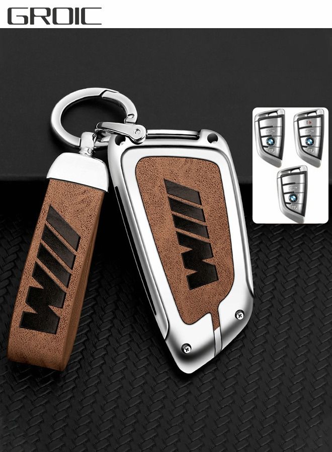 GROIC For BMW Key Fob Cover Case, Zinc Alloy & Genuine Cowhide Cover Key Holder for BMW 2 5 6 7 X1 X2 X3 X5 X6 Series Full Cover Protection Smart Remote Keyless Key Fob Shell - Image 1
