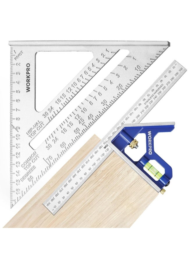 WORKPRO مجموعة مربع السرعة 180 مم ومربع التركيب 300 مم، مربع سرعة من الألمنيوم ومربع تركيب من الفولاذ المقاوم للصدأ، أداة قياس قابلة للتعديل للنجار المهندس - Image 1