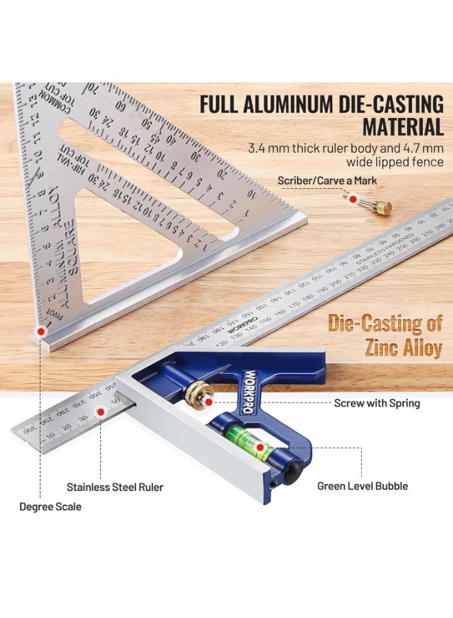 WORKPRO مجموعة مربع السرعة 180 مم ومربع التركيب 300 مم، مربع سرعة من الألمنيوم ومربع تركيب من الفولاذ المقاوم للصدأ، أداة قياس قابلة للتعديل للنجار المهندس - Image 3