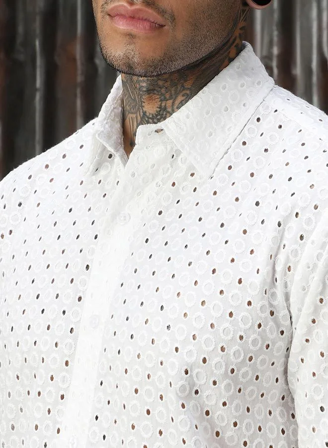 HIGH STAR Men Relaxed Spread Collar Textured Shiffli Cotton Casual Shirt