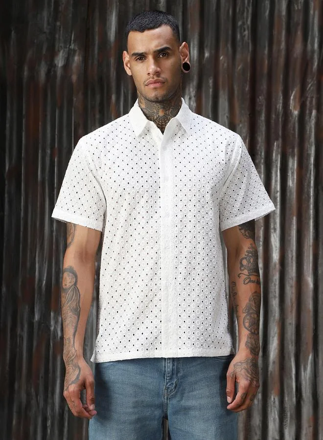 HIGH STAR Men Relaxed Spread Collar Textured Shiffli Cotton Casual Shirt