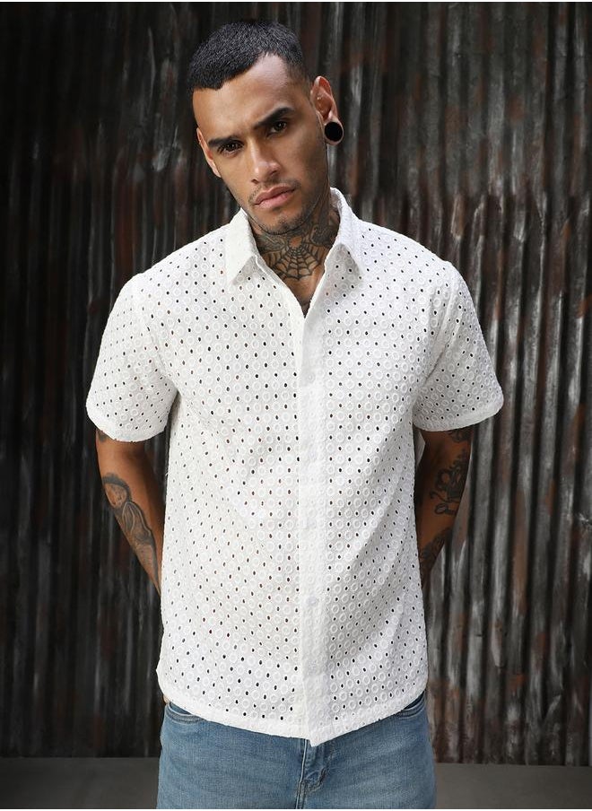 HIGH STAR Men Relaxed Spread Collar Textured Shiffli Cotton Casual Shirt  - Image 1