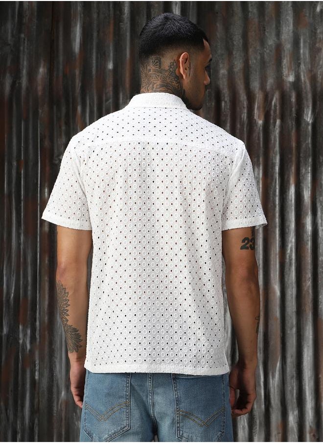 HIGH STAR Men Relaxed Spread Collar Textured Shiffli Cotton Casual Shirt  - Image 5