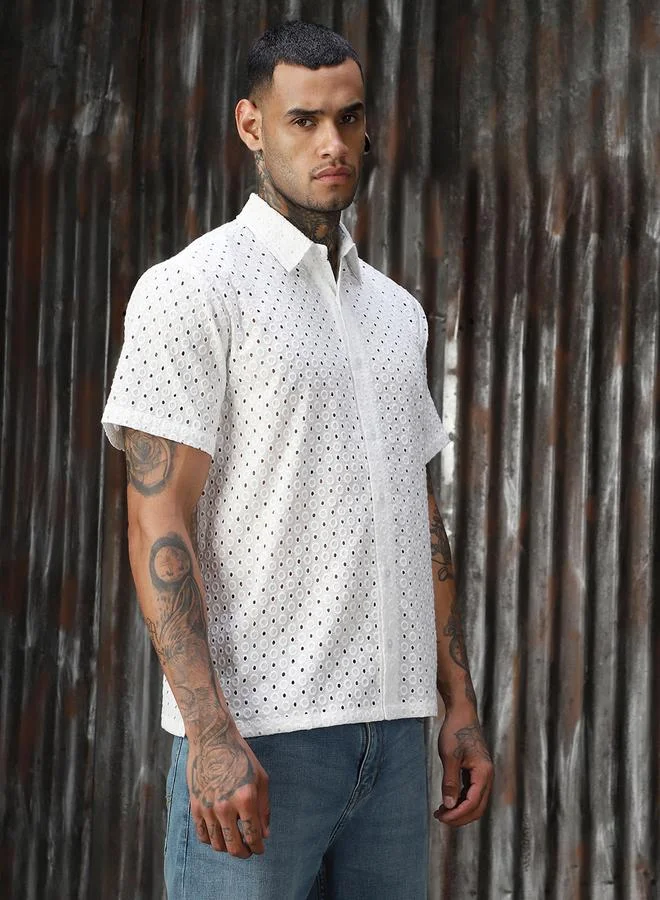 HIGH STAR Men Relaxed Spread Collar Textured Shiffli Cotton Casual Shirt
