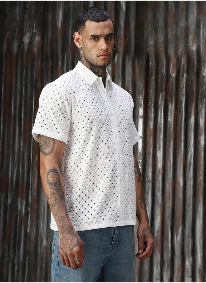 HIGH STAR Men Relaxed Spread Collar Textured Shiffli Cotton Casual Shirt  - Image 3