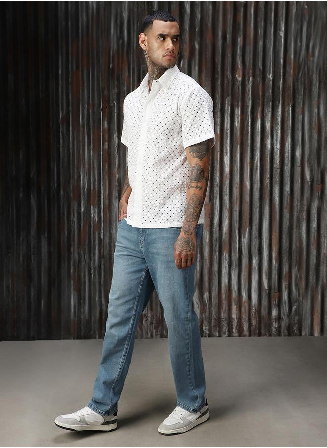 HIGH STAR Men Relaxed Spread Collar Textured Shiffli Cotton Casual Shirt  - Image 2