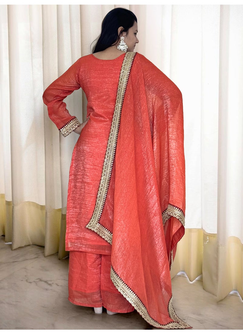 Super Asian "Silken Glow: Soft Gold Crush Silk Suit with Sequence & Coding Work"  - Image 4