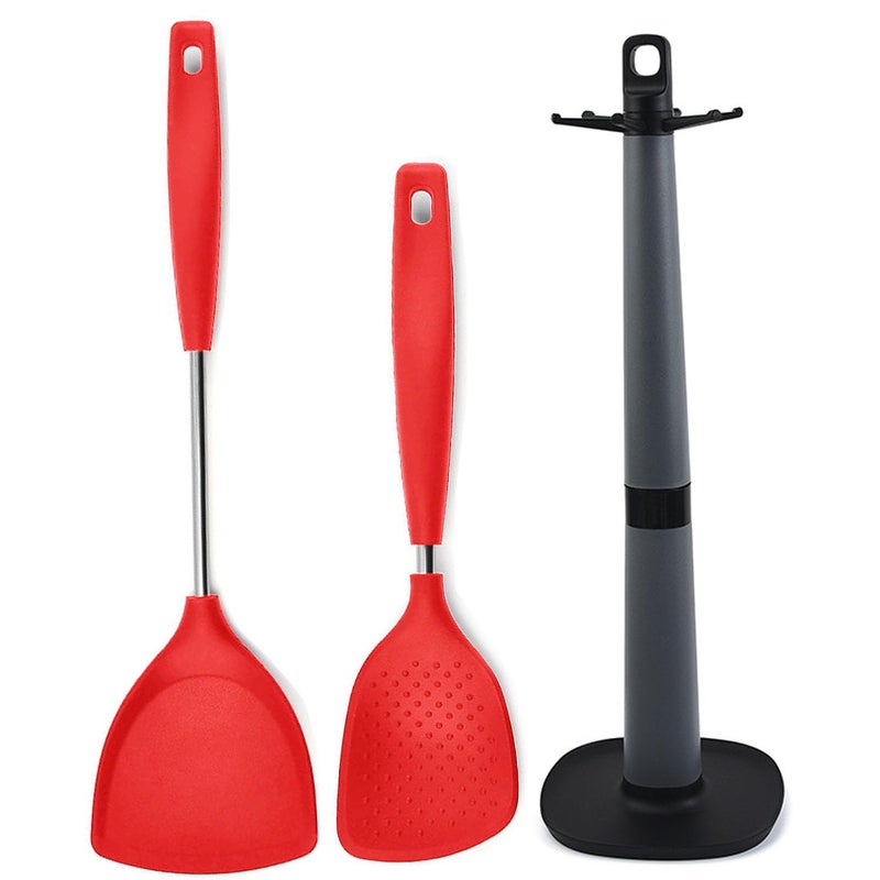 P Plus Fire Steel Serving Spoons - Rice Server - Rice Punja - Non-Stick Rice Spoon - Dosa Spatula for Non Stick Pan - Kitchen Spatula - Nonstick Spatula - Cooking Spoon Holder (Set of 3, Red) - Image 1