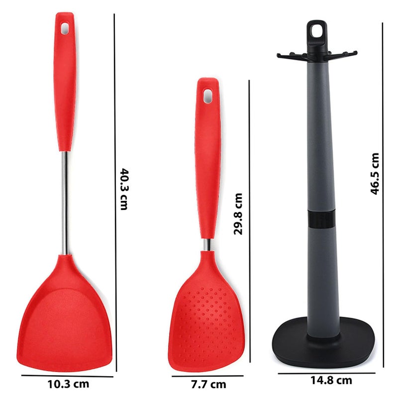 P Plus Fire Steel Serving Spoons - Rice Server - Rice Punja - Non-Stick Rice Spoon - Dosa Spatula for Non Stick Pan - Kitchen Spatula - Nonstick Spatula - Cooking Spoon Holder (Set of 3, Red) - Image 2
