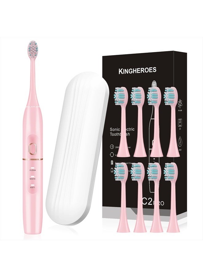KINGHEROES Electric Toothbrush Set, Comes with 8 Brush Heads & Travel Case,4 Modes with 2 Minutes Built in Smart Timer, One Charge for 60 Days, 42000 VPM Motor (Pink) - Image 1
