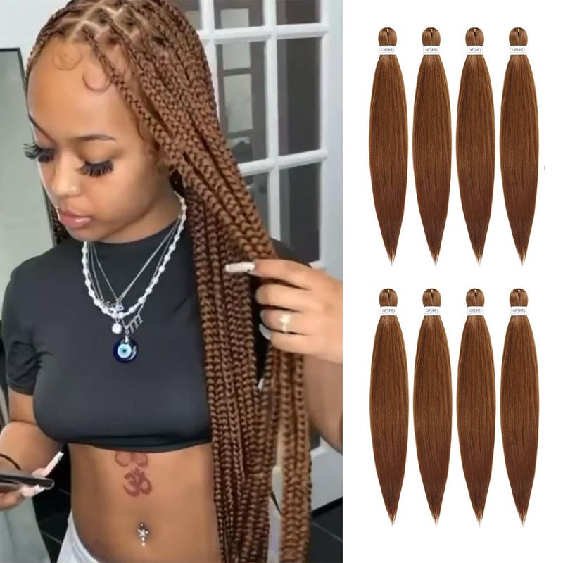 DIFUNEE Pre-stretched Braiding Hair - 24 Inch 8 Packs Brown Braiding Hair For Twist or Box Braids, Long Yaki Texture Hot Water Setting Synthetic Braiding Hair Extensions (24 Inch, #30-8P) - Image 1