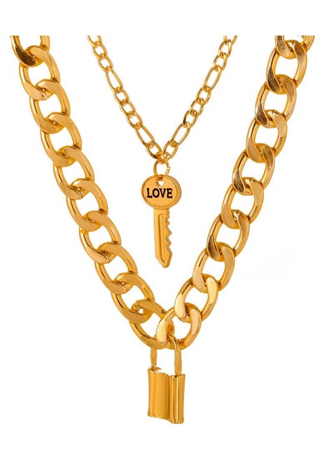 Double Thick Chain Necklace Retro Punk Lock Key Clavicle Chain