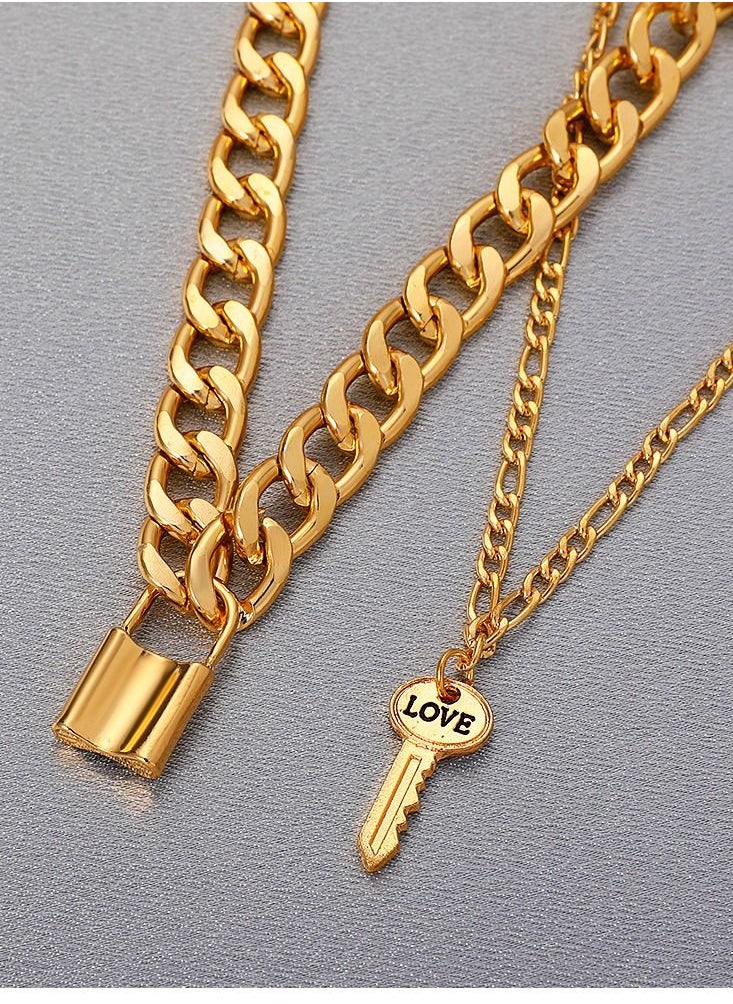 Double Thick Chain Necklace Retro Punk Lock Key Clavicle Chain