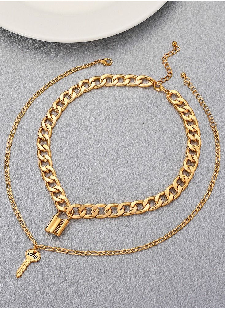 Double Thick Chain Necklace Retro Punk Lock Key Clavicle Chain