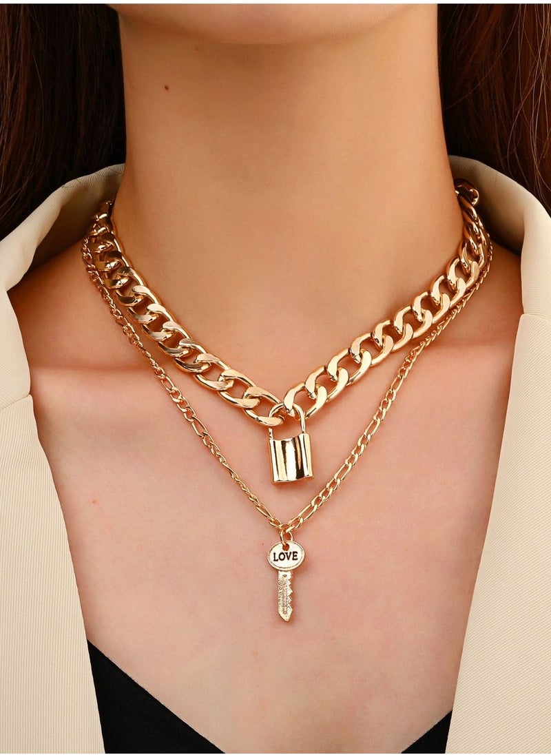 Double Thick Chain Necklace Retro Punk Lock Key Clavicle Chain