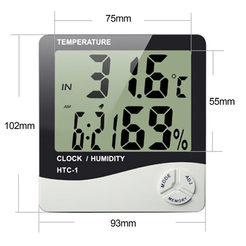 MCP Digital Room Thermometer for Temperature & Humidity with Alarm Clock, Wall Mount or Table Top (HTC-1) - Image 1