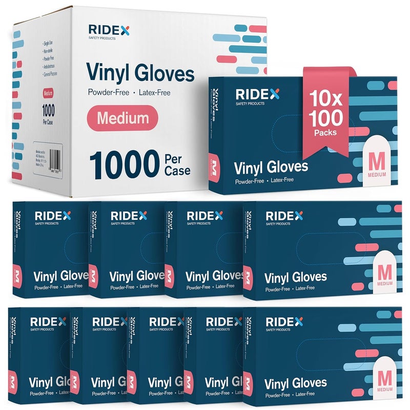 RIDEX Disposable Gloves Latex-Free Clear Vinyl Gloves [1000-Count] Thick Powder-Free All-Purpose Gloves, Dispenser Box Gloves 100 Pieces - Size Medium Glove - Image 1