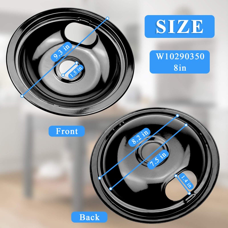APPLIANCEMATES Black Stove Burner Drip Pans Replacement for Whirlpool Amana Crosley Electric Range, Stove Top Drip Bowls Includes 1 Large 8-Inch W10290353 and 3 Small 6-Inch W10290350 by APPLIANCEMATES - Image 3