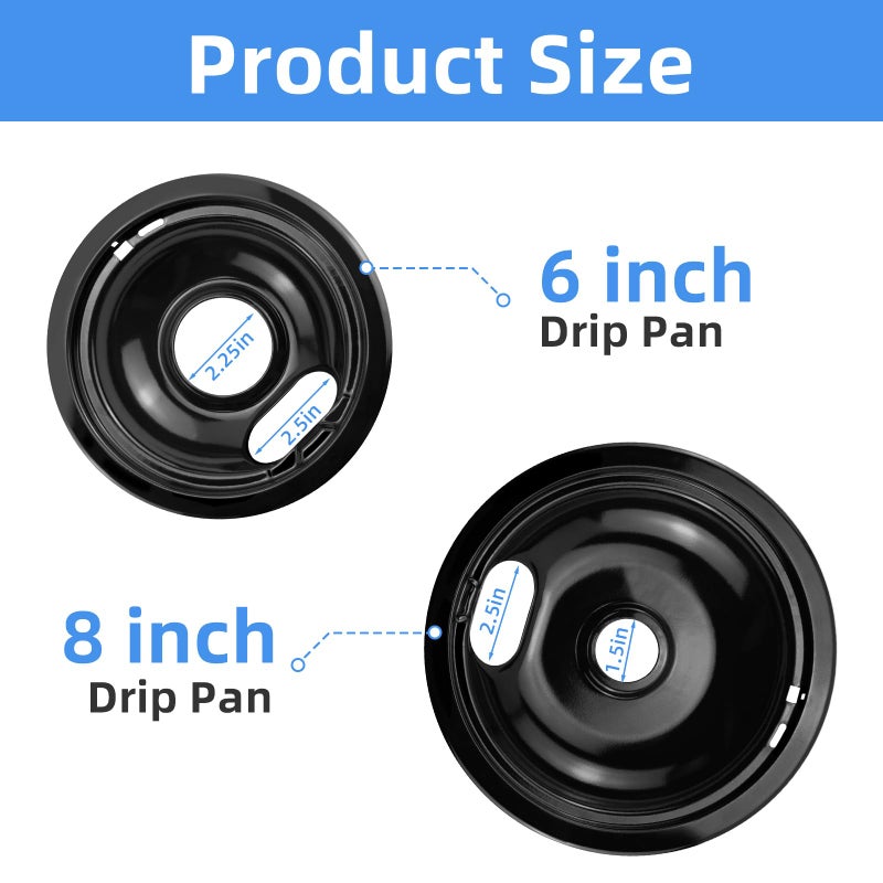 APPLIANCEMATES Black Stove Burner Drip Pans Replacement for Whirlpool Amana Crosley Electric Range, Stove Top Drip Bowls Includes 1 Large 8-Inch W10290353 and 3 Small 6-Inch W10290350 by APPLIANCEMATES - Image 4