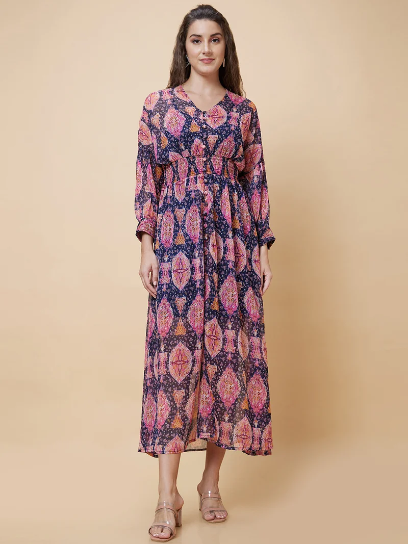 globus Women Floral Printed Smocked Detailed Cuffed Sleeve Fit & Flare Dress
