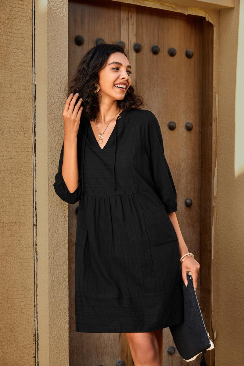 Lafural Womens V Neck Cotton Casual Loose Shift Tunic Smock Summer Dresses Vacation Dress 3/4 Sleeve Pocket Black S - Image 1