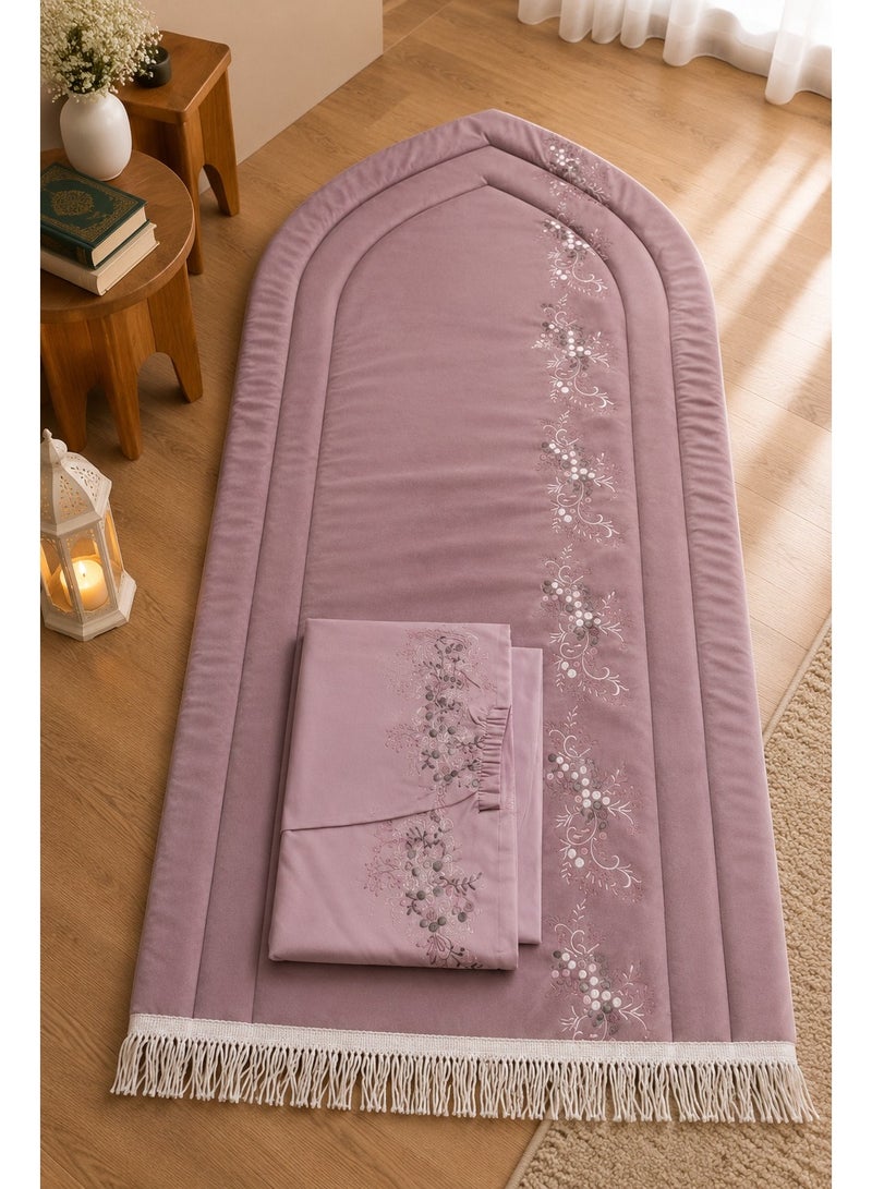 Padded prayer mat set with embroidered prayer shawl for women – Soft fabric with luxurious embroidery – Stylish and comfortable prayer set for everyday use – A special gift for special occasions, Ramadan, and Eid