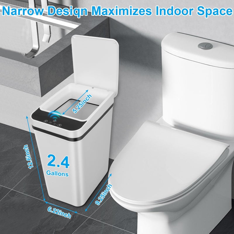 QSFWCSM 2 Pack Bathroom Trash can,Smart Touchless Trash Can,Automatic Motion Sensor Trash Bin with Lid,2.4 Gallon Garbage Can, Kitchen, Bathroom, Office, Bedroom Trash can (Black+White) - Image 2